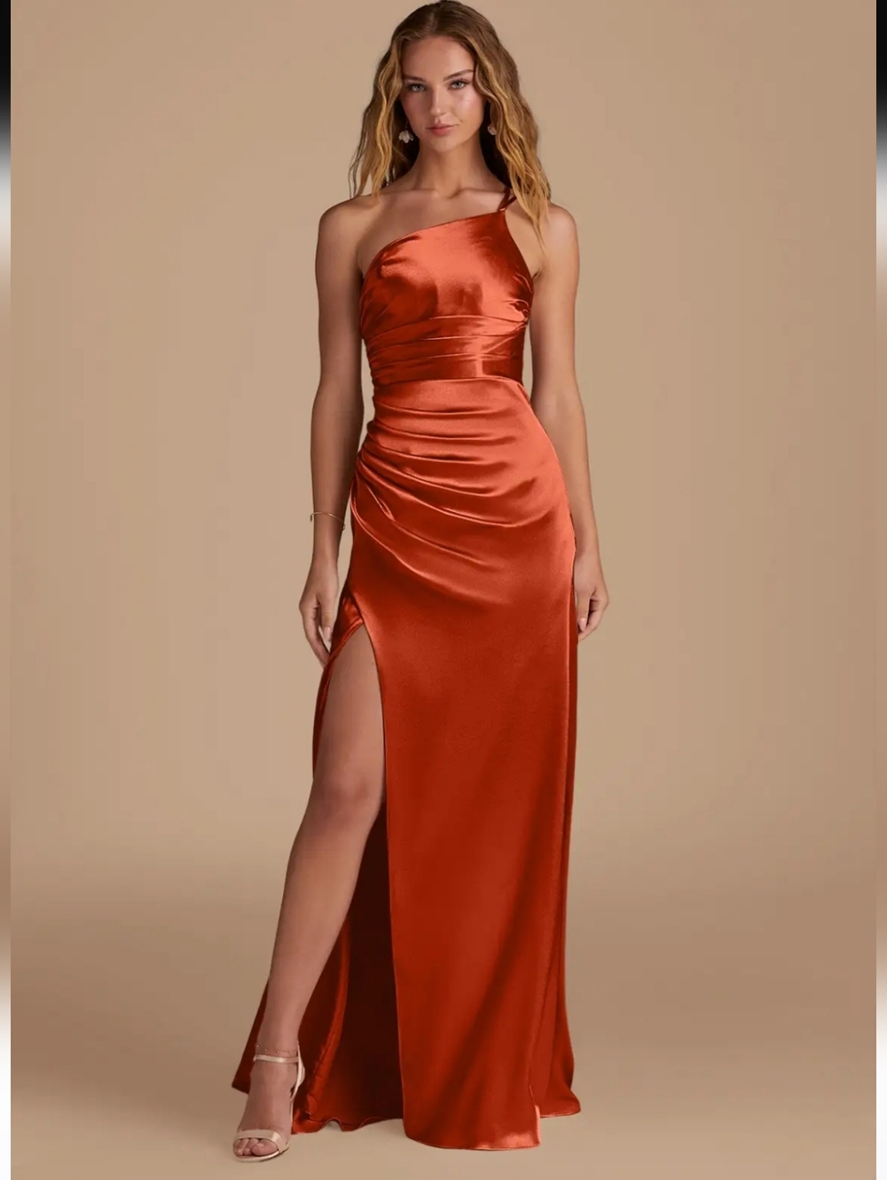 One-Shoulder Copper Satin Evening Dress